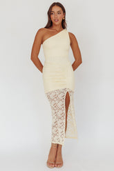 Lingering Love One-Shoulder Split Midi Dress Lace Yellow